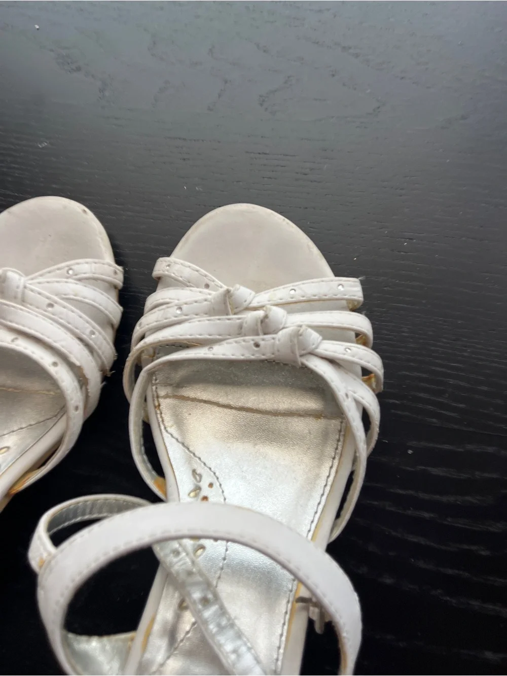 Cherokee White Faux Leather Strappy Block Heel Sandals Size 1 Rhinestone Girls